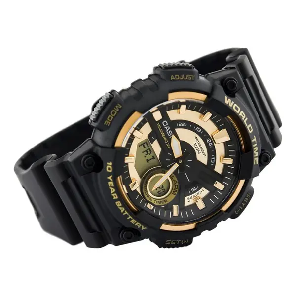 Casio AEQ-110W-1A2V Youth Telememo World Time Analog-Digital Sports Watch  – Dial Color: Gold, Strap Color: Black – View 2