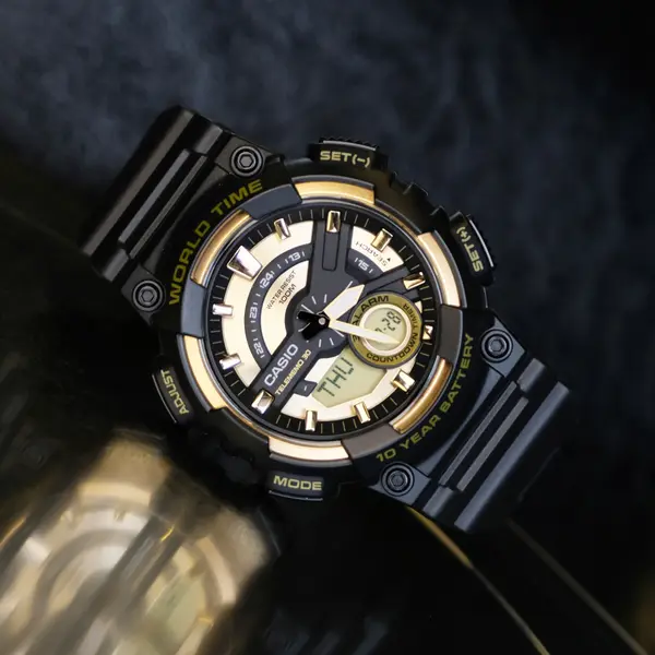 Casio AEQ-110W-1A2V Youth Telememo World Time Analog-Digital Sports Watch  – Dial Color: Gold, Strap Color: Black – View 3