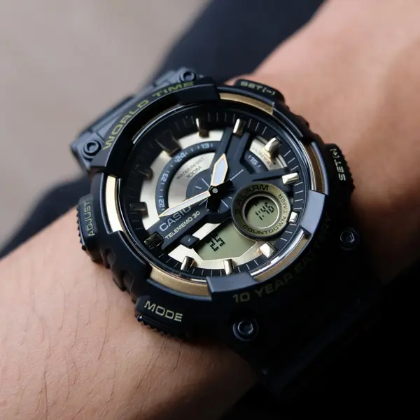 Casio AEQ-110W-1A2V Youth Telememo World Time Analog-Digital Sports Watch  – Dial Color: Gold, Strap Color: Black – View 5