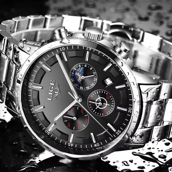 LIGE 9877 Stainless Steel Moon Phase Analog Luxury Men's Watch – Dial Color: Black, Strap Color: Silver – View 2