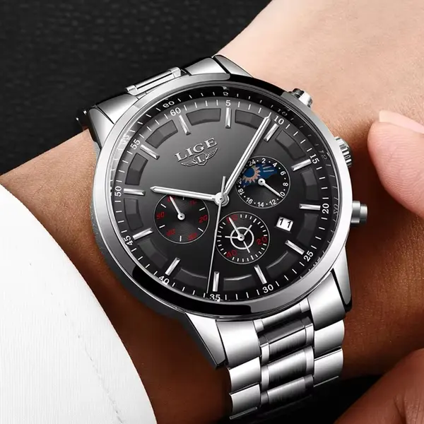 LIGE 9877 Stainless Steel Moon Phase Analog Luxury Men's Watch – Dial Color: Black, Strap Color: Silver – View 3