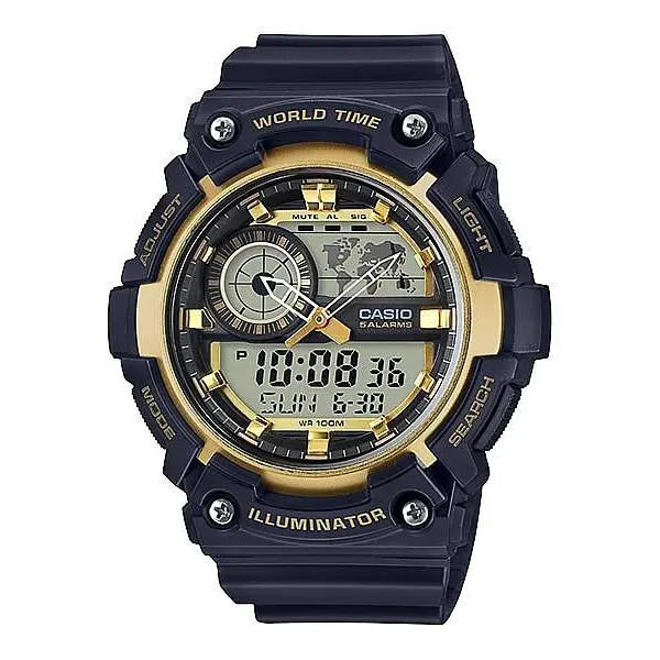 CASIO AEQ-200W-1A2VDF Resin Body Multifunctional Backlit Analog-Digital Men's Wristwatch – Dial Color: Gold, Strap Color: Black – View 1