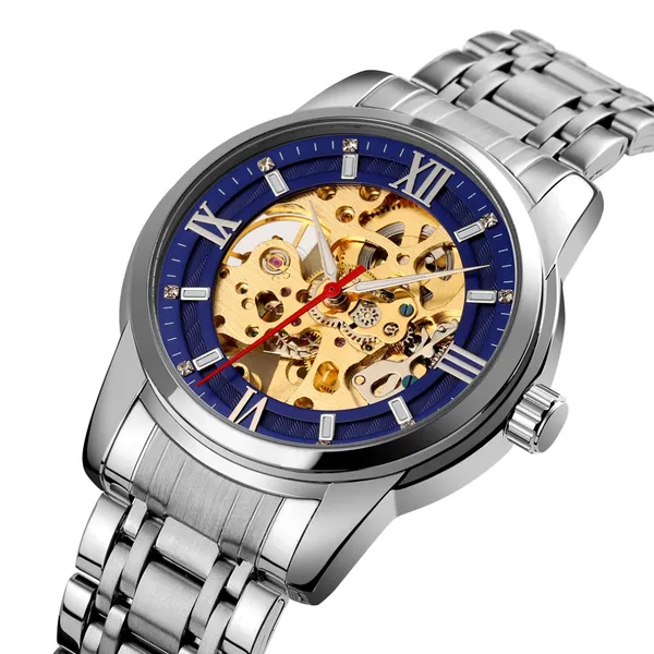 SKMEI 9222 Skeleton Hollow Automatic Mechanical Men's Watch – Dial Color: Blue, Strap Color: Silver – View 2