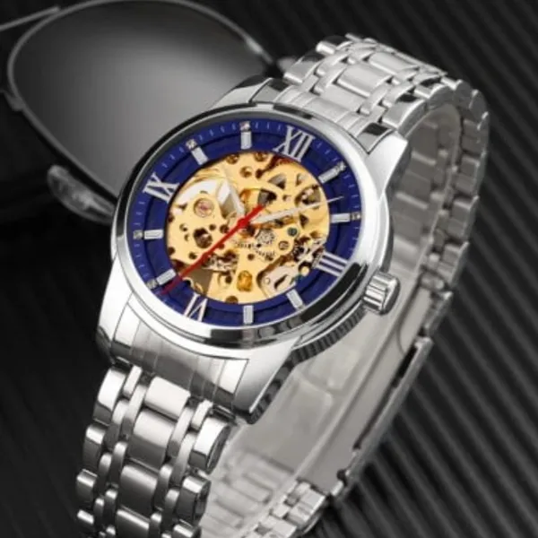 SKMEI 9222 Skeleton Hollow Automatic Mechanical Men's Watch – Dial Color: Blue, Strap Color: Silver – View 3