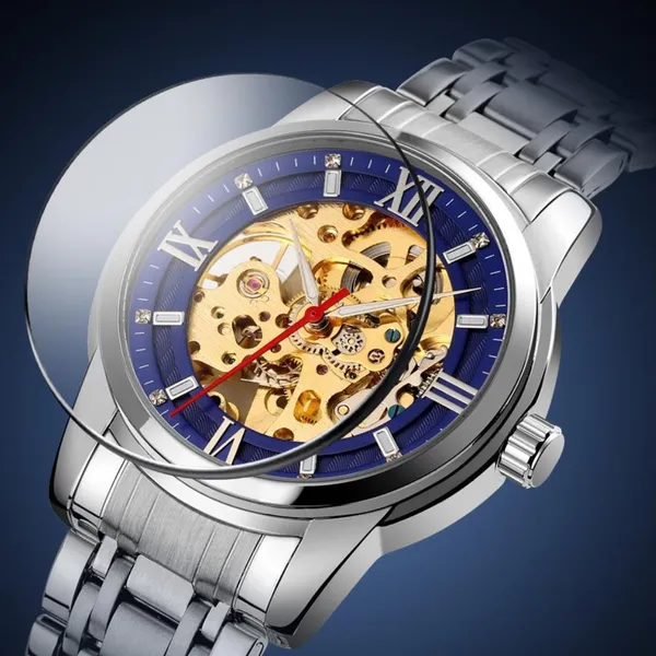 SKMEI 9222 Skeleton Hollow Automatic Mechanical Men's Watch – Dial Color: Blue, Strap Color: Silver – View 4