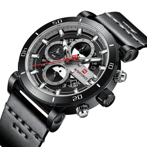 Naviforce NF9131 Analog Sports Leather Quartz Men's Watch – Dial Color: Black, Strap Color: Black – View 2