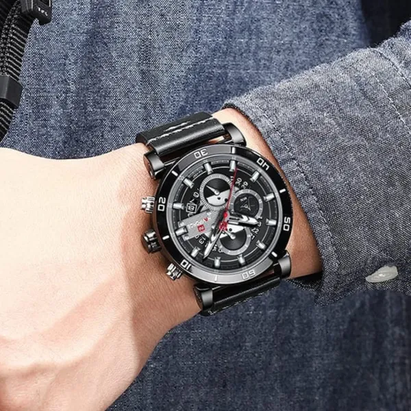 Naviforce NF9131 Analog Sports Leather Quartz Men's Watch – Dial Color: Black, Strap Color: Black – View 4
