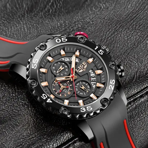 LIGE 10027 Premium PU Leather Analog Sporty Men's Watch – Dial Color: Black, Strap Color: Black – View 2