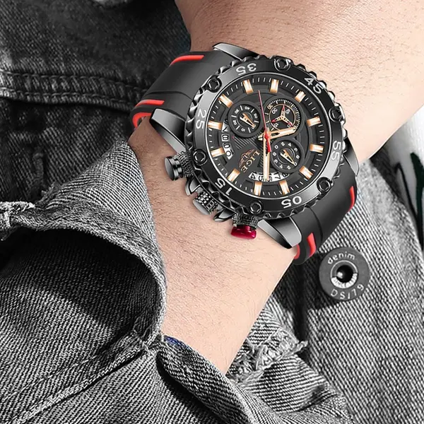 LIGE 10027 Premium PU Leather Analog Sporty Men's Watch – Dial Color: Black, Strap Color: Black – View 4