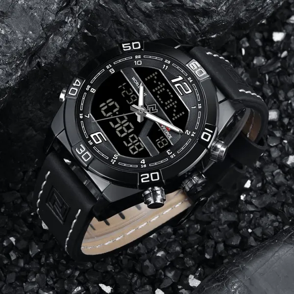 NAVIFORCE NF9128 Dual Display PU Leather Men's Watch – Dial Color: Black, Strap Color: Black – View 3