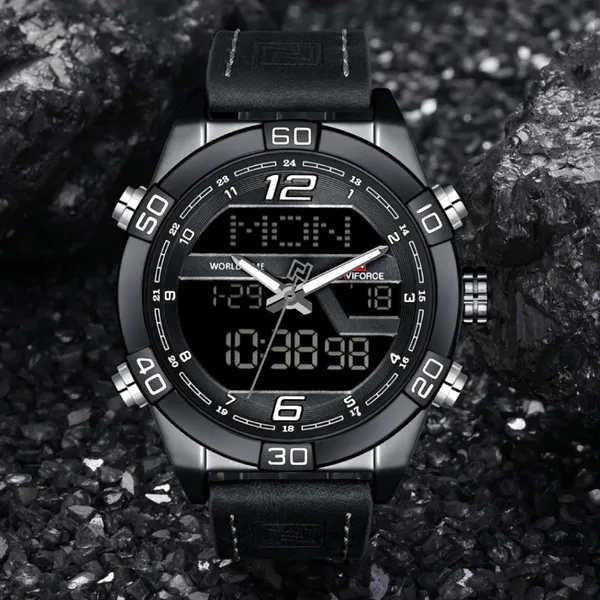 NAVIFORCE NF9128 Dual Display PU Leather Men's Watch – Dial Color: Black, Strap Color: Black – View 4