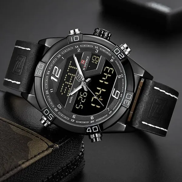NAVIFORCE NF9128 Dual Display PU Leather Men's Watch – Dial Color: Black, Strap Color: Black – View 5