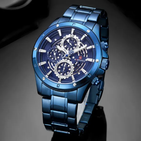 Naviforce NF9150 Luxury Steel Quartz Waterproof Sport Men's Watch – Dial Color: Blue, Strap Color: Blue – View 3