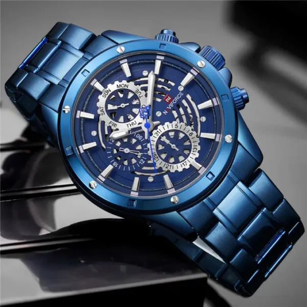 Naviforce NF9150 Luxury Steel Quartz Waterproof Sport Men's Watch – Dial Color: Blue, Strap Color: Blue – View 4
