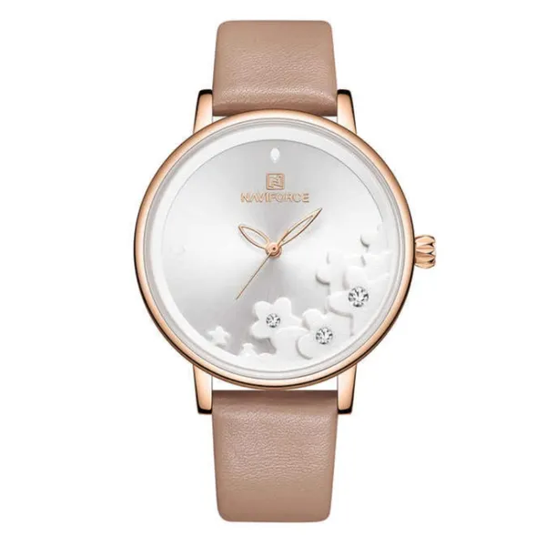 NAVIFORCE NF5012 PU Leather Analog Women's Watch – Dial Color: Silver, Strap Color: Rose – View 1