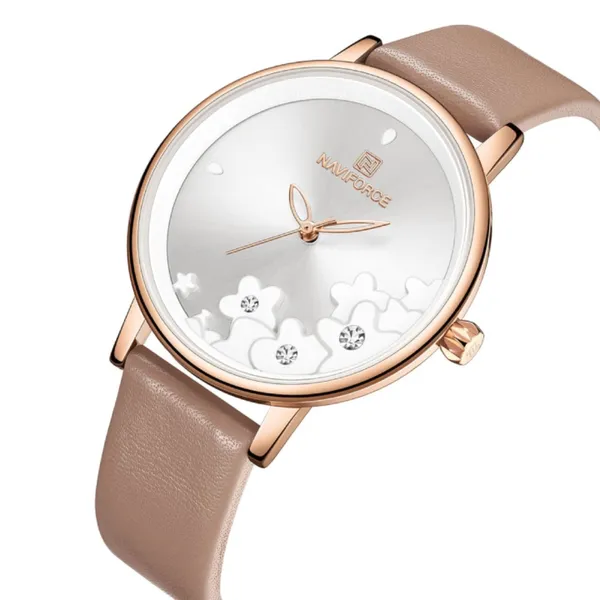 NAVIFORCE NF5012 PU Leather Analog Women's Watch – Dial Color: Silver, Strap Color: Rose – View 2