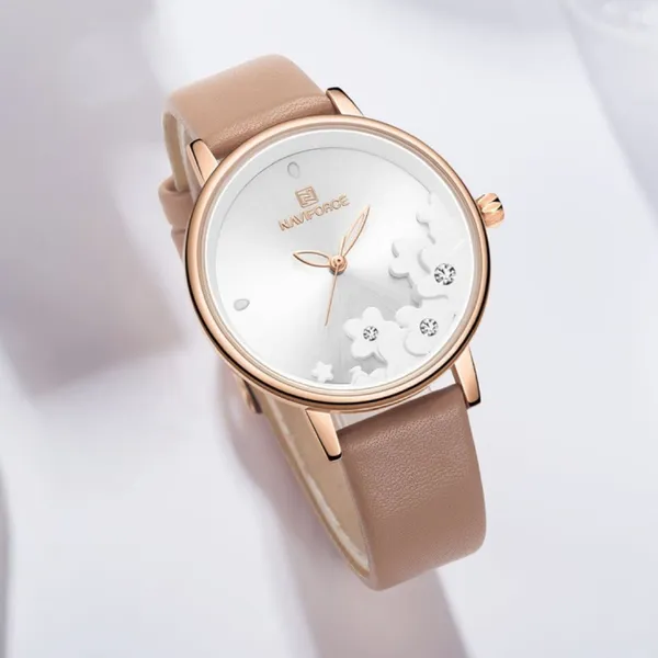 NAVIFORCE NF5012 PU Leather Analog Women's Watch – Dial Color: Silver, Strap Color: Rose – View 3