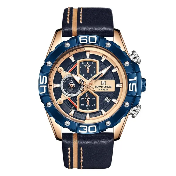 NAVIFORCE NF8018 Leather Casual Multi-function Chronograph Men's Watch – Dial Color: Gold, Strap Color: Blue – View 1