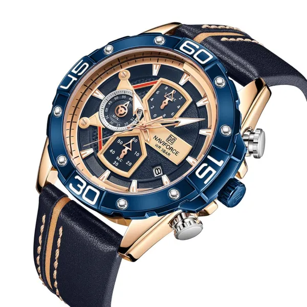 NAVIFORCE NF8018 Leather Casual Multi-function Chronograph Men's Watch – Dial Color: Gold, Strap Color: Blue – View 2