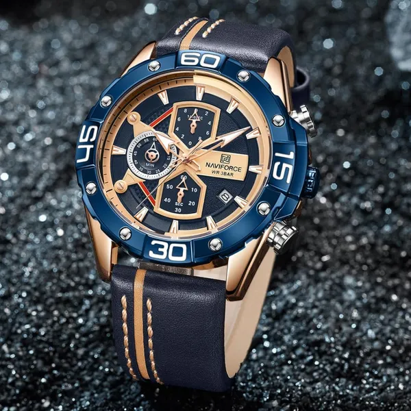 NAVIFORCE NF8018 Leather Casual Multi-function Chronograph Men's Watch – Dial Color: Gold, Strap Color: Blue – View 3