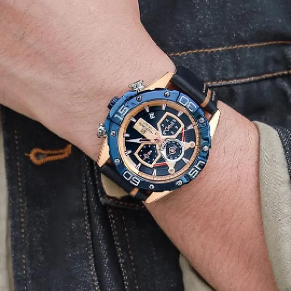 NAVIFORCE NF8018 Leather Casual Multi-function Chronograph Men's Watch – Dial Color: Gold, Strap Color: Blue – View 4