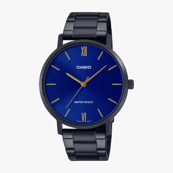 Casio MTP-VT01D-2BUDF Enticer Men's Analog Stainless Steel Chain Wristwatch – Dial Color: Blue, Strap Color: Black – View 1