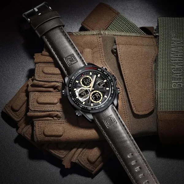 Naviforce NF9197L Comfortable Genuine Leather Strap Dual Display Sport Men's Watch – Dial Color: Black, Strap Color: Brown – View 5