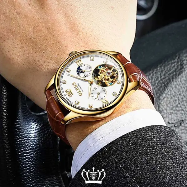 OLEVS 3601 Business Tourbillon Hollow Skeleton Waterproof Luminous Men's Watch – Dial Color: White, Strap Color:  Brown  – View 2