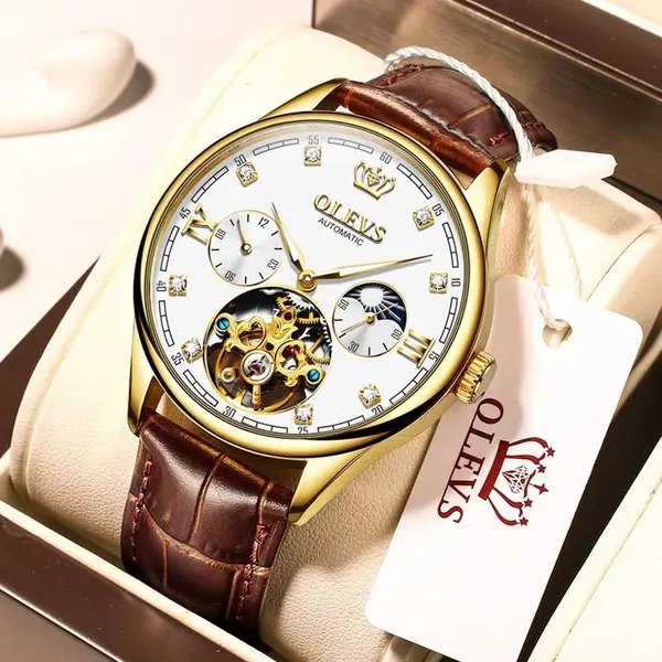 OLEVS 3601 Business Tourbillon Hollow Skeleton Waterproof Luminous Men's Watch – Dial Color: White, Strap Color:  Brown  – View 3
