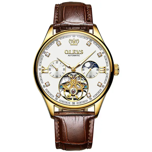 OLEVS 3601 Business Tourbillon Hollow Skeleton Waterproof Luminous Men's Watch – Dial Color: White, Strap Color:  Brown  – View 1