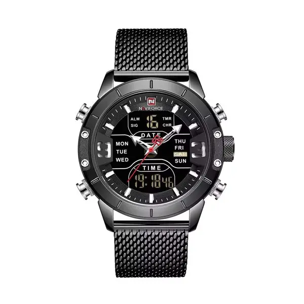 Naviforce NF9153 Mesh Stainless Steel Dual Display Multifunctional Sports Men's Watch – Dial Color: Black, Strap Color: Black – View 1