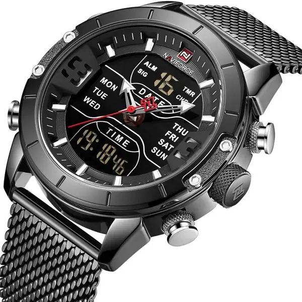 Naviforce NF9153 Mesh Stainless Steel Dual Display Multifunctional Sports Men's Watch – Dial Color: Black, Strap Color: Black – View 2