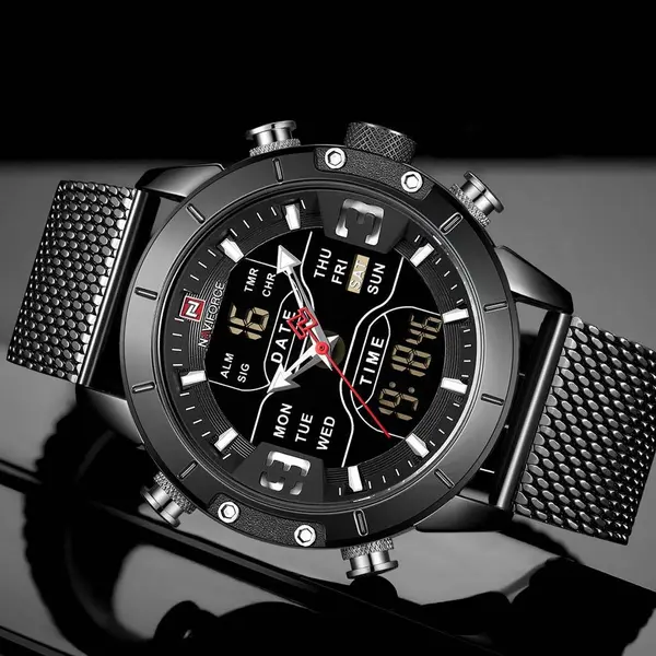 Naviforce NF9153 Mesh Stainless Steel Dual Display Multifunctional Sports Men's Watch – Dial Color: Black, Strap Color: Black – View 3