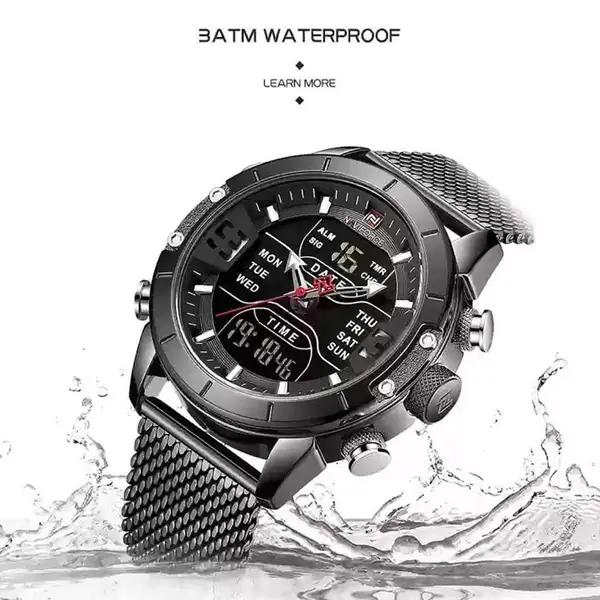Naviforce NF9153 Mesh Stainless Steel Dual Display Multifunctional Sports Men's Watch – Dial Color: Black, Strap Color: Black – View 4