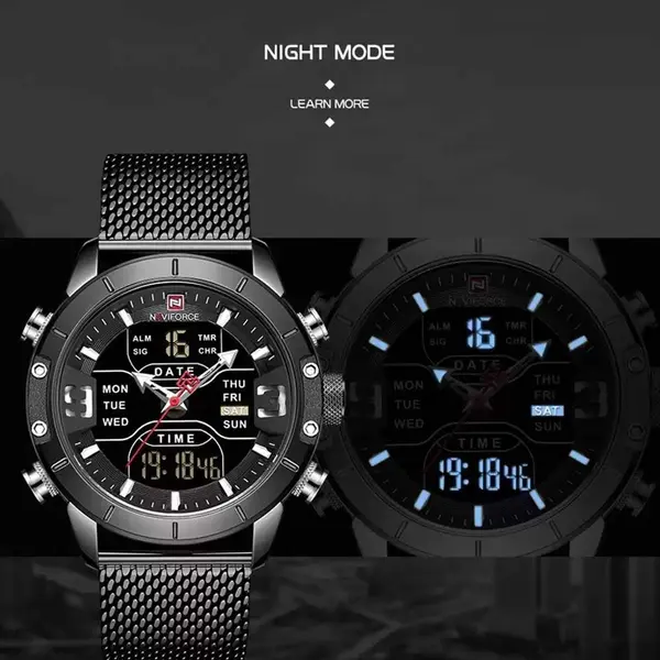 Naviforce NF9153 Mesh Stainless Steel Dual Display Multifunctional Sports Men's Watch – Dial Color: Black, Strap Color: Black – View 6