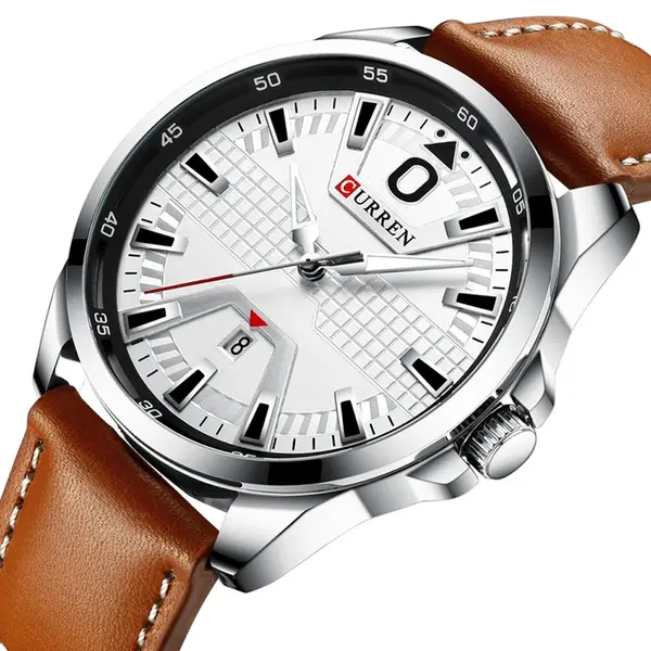  Curren 8379 Genuine Leather Strap Quartz Comfortable Men's Watch  – Dial Color: White, Strap Color:  Brown  – View 2
