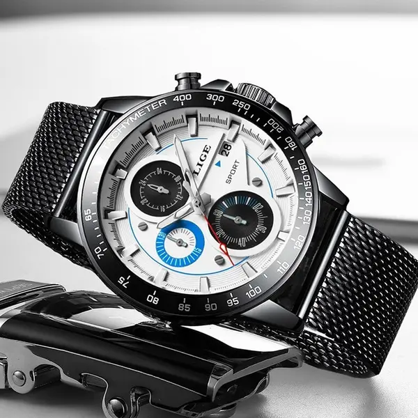 LIGE 9931 Analog Stainless Steel Waterproof Casual Men's Watch  – Dial Color: Blue, Strap Color: Black – View 2