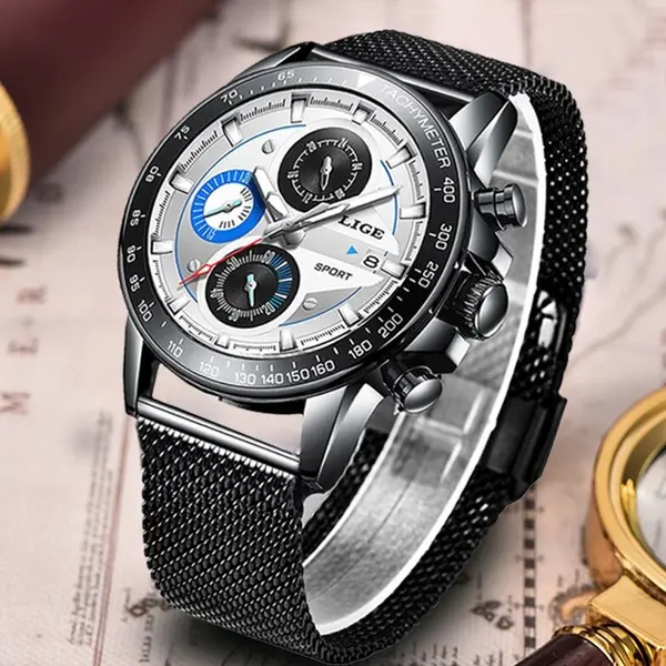 LIGE 9931 Analog Stainless Steel Waterproof Casual Men's Watch  – Dial Color: Blue, Strap Color: Black – View 3