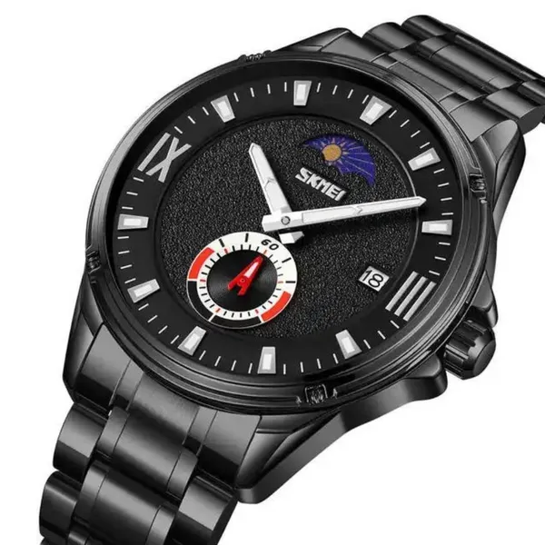 SKMEI 9326 Quartz Stainless Steel Analog Moon Phase Men's Watch – Dial Color: Black, Strap Color: Black – View 2