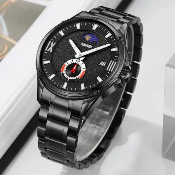SKMEI 9326 Quartz Stainless Steel Analog Moon Phase Men's Watch – Dial Color: Black, Strap Color: Black – View 3