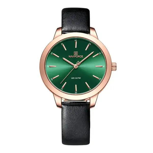 NAVIFORCE NF5024 PU Leather Analog Watch For Women – Dial Color: Green, Strap Color: Black – View 1