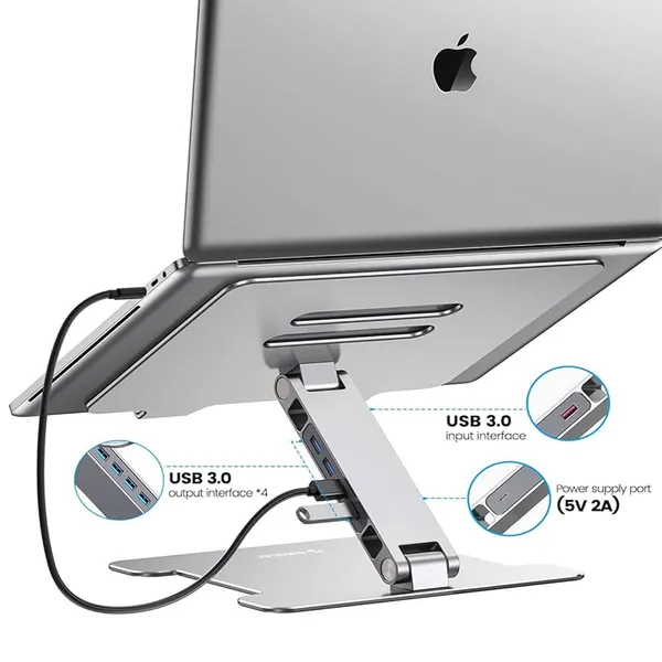 ORICO 4 Port USB3.0 Foldable Aluminum Notebook Riser Desktop Laptop Stand for MacBook Dell – View 3