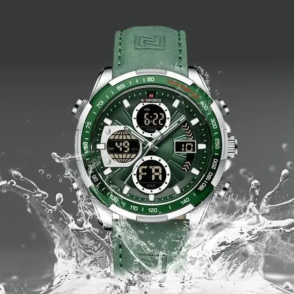 Naviforce NF9197L Comfortable Genuine Leather Strap Dual Display Sport Men's Watch – Dial Color: Silver, Strap Color: Green  – View 3