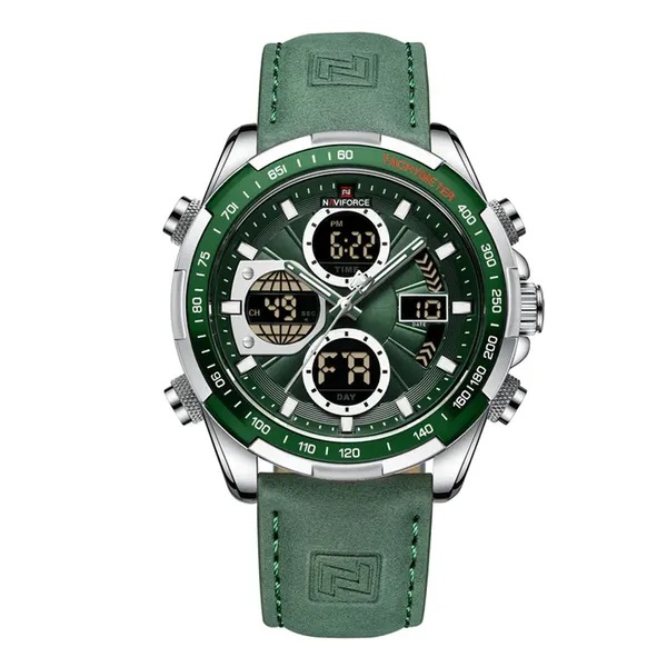 Naviforce NF9197L Comfortable Genuine Leather Strap Dual Display Sport Men's Watch – Dial Color: Silver, Strap Color: Green  – View 1