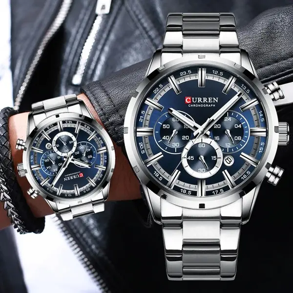 Curren 8355 High Quality Stainless Steel Chronograph Men's Watch – Dial Color: Navy Blue, Strap Color: Silver – View 3