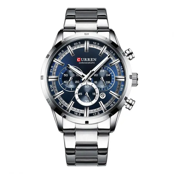 Curren 8355 High Quality Stainless Steel Chronograph Men's Watch – Dial Color: Navy Blue, Strap Color: Silver – View 1