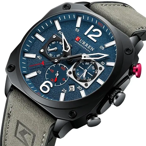 Curren 8398 Luxury Genuine Leather Straps Chronograph Sports Men's Watch – Dial Color: Blue, Strap Color: Silver – View 3