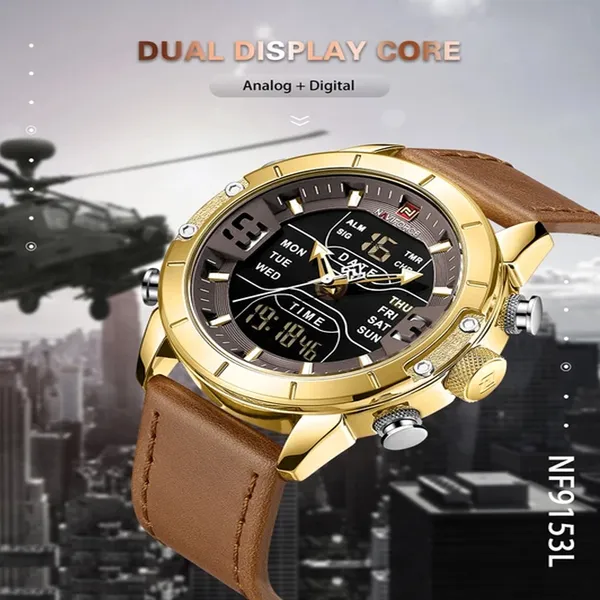 Naviforce NF9153 Genuine Leather Dual Display Luxury Fashion Men's Watch – Dial Color: Gold, Strap Color: Brown – View 2