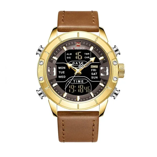 Naviforce NF9153 Genuine Leather Dual Display Luxury Fashion Men's Watch – Dial Color: Gold, Strap Color: Brown – View 1