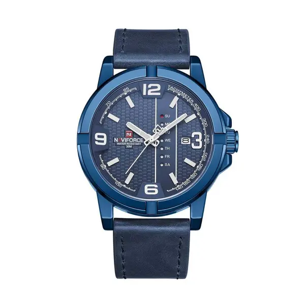 Naviforce NF9177 Top Quality Leather Strap Creative Calendar Unique Fashion Men's Watch – Dial Color: Blue, Strap Color: Blue – View 1